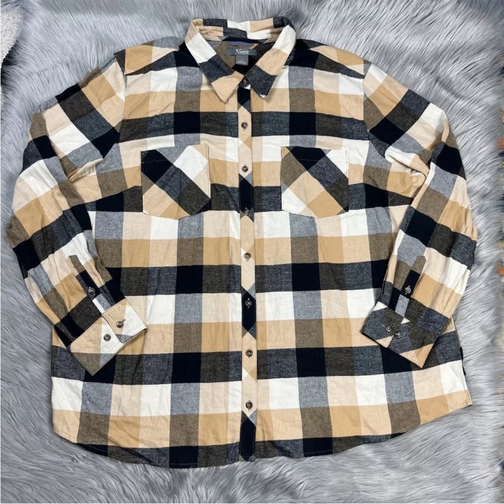 Natural Reflections Tan Black Plaid Women’s Button Up Long Sleeve Shirt